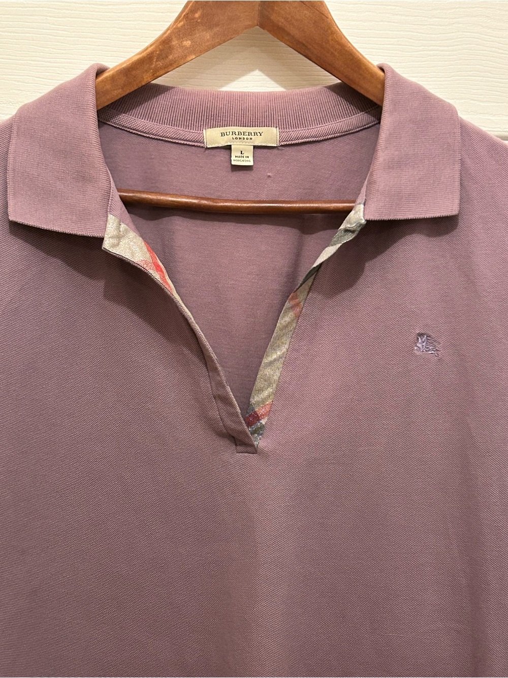 Burberry London Women’s 3/4 Sleeve Polo Top Size L Mauve Purple Nova Check Trim
